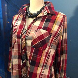 Southwestern Style Tunic Top ~ Red White Navy Blue Plaid Shirt ~ Button Front